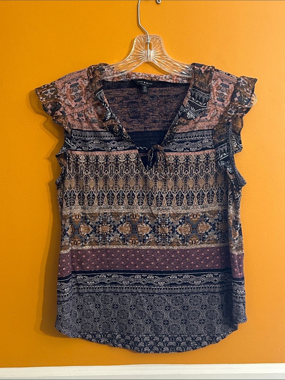 Lucky Brand Mixed-Print Ruffle Cap Sleeve V-Neck Top - Brown/Black